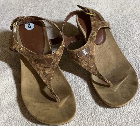 Lauren Ralph Lauren Shoes - Lauren Ralph Lauren Sandals Women's 6 Tan Wedge Sandals Cork Strap Thong Slides